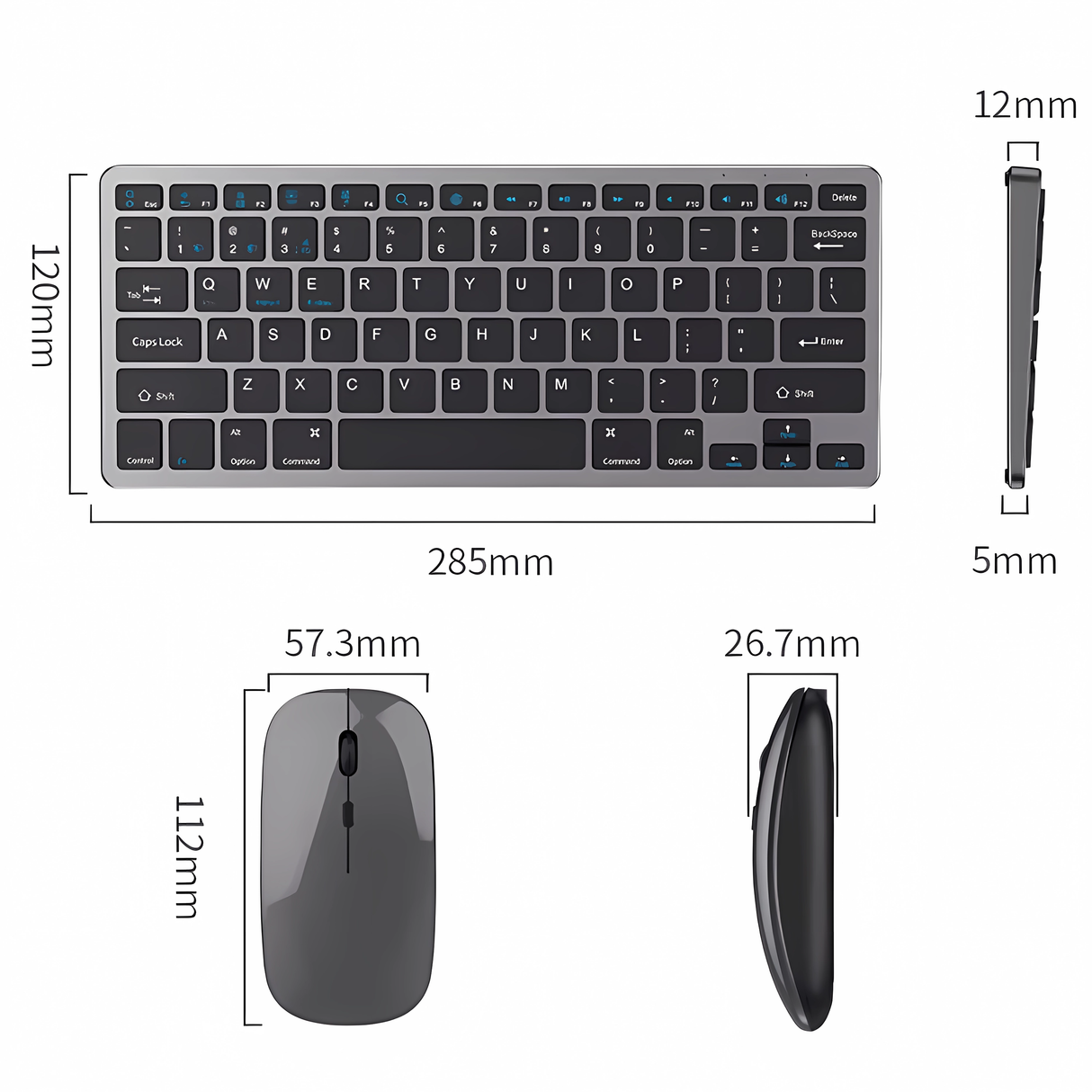 Set Tastatură Slim & Mouse Wireless Bervolo® Essential, Triplă Conectivitate, Reîncărcabile Type-C, Bluetooth & USB, Ultra-Slim, Compatibil Windows/Mac/Android/iOS, 78 Taste Silențioase, Gri Antracit