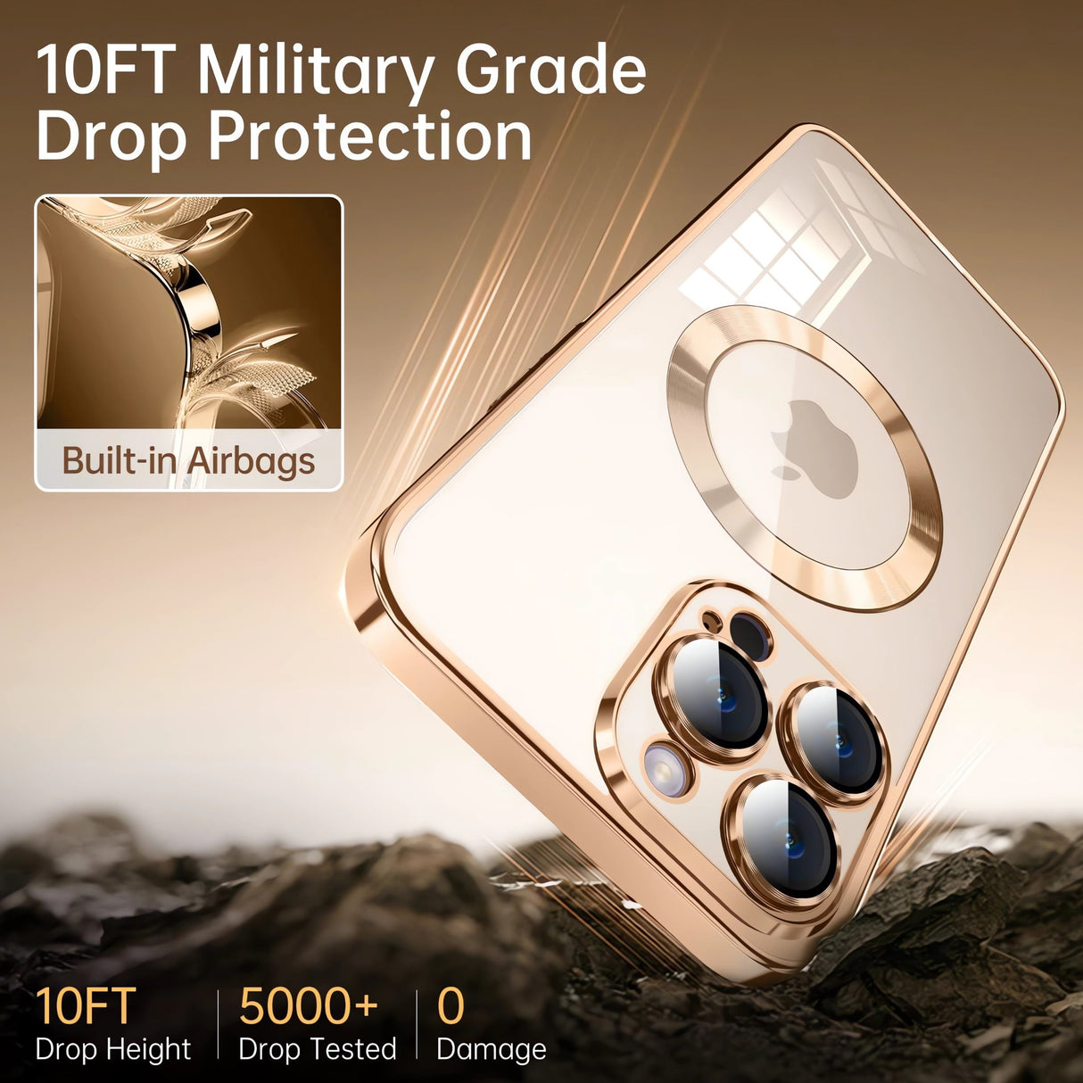 Protective Case Bervolo® MagSafe, Compatible with iPhone 16 Pro Max, Transparent, Anti-Yellowing, Shock-Resistant, Scratch-Resistant, Reinforced Edges, Gold