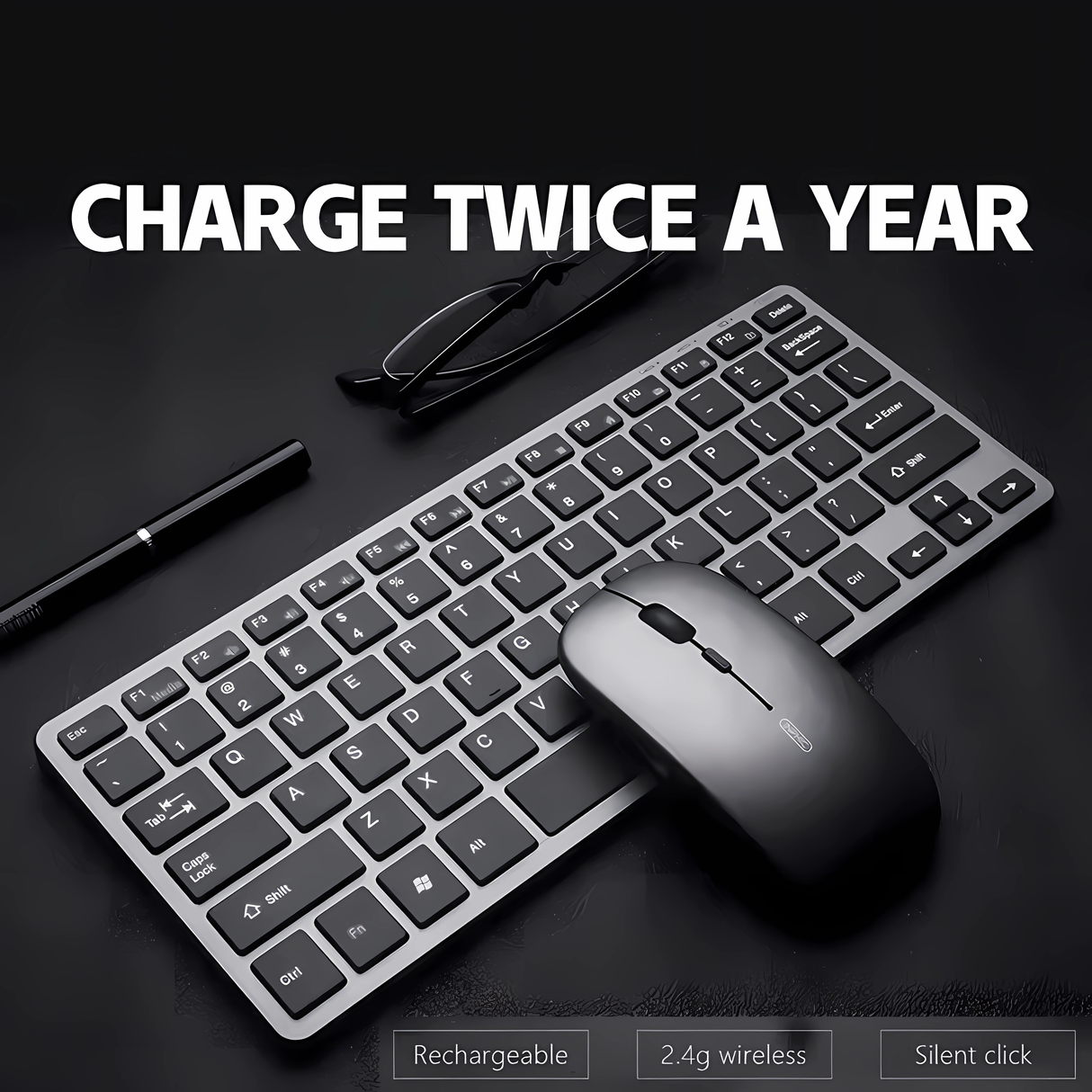 Set Tastatură Slim & Mouse Wireless Bervolo® Essential, Triplă Conectivitate, Reîncărcabile Type-C, Bluetooth & USB, Ultra-Slim, Compatibil Windows/Mac/Android/iOS, 78 Taste Silențioase, Gri Antracit
