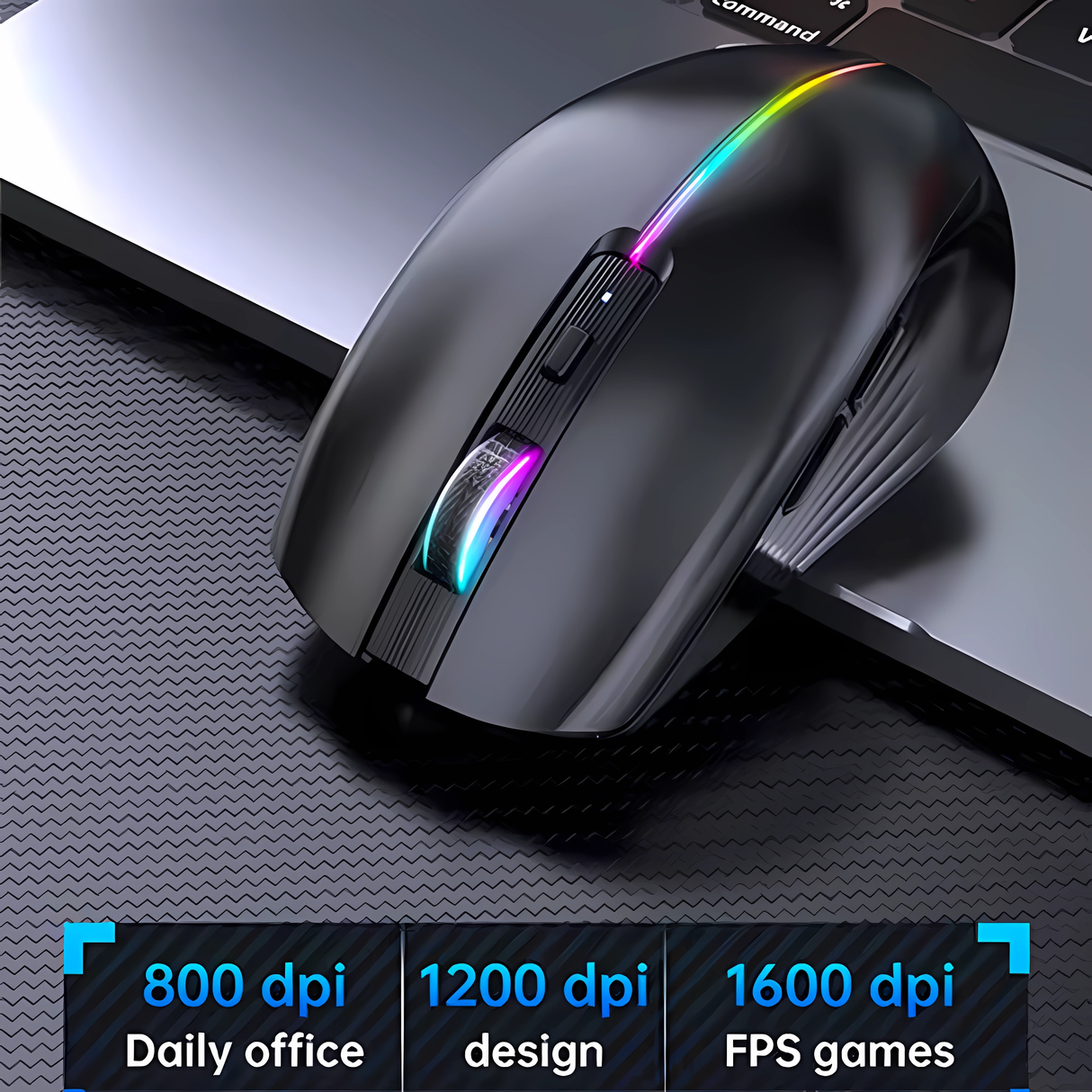 Bervolo® Nexus Pro Wireless Mouse, Simultaneous Connection to 3 Devices, Adjustable DPI, RGB Lighting, USB Type-C Rechargeable, Silent Click, Ergonomic, Black
