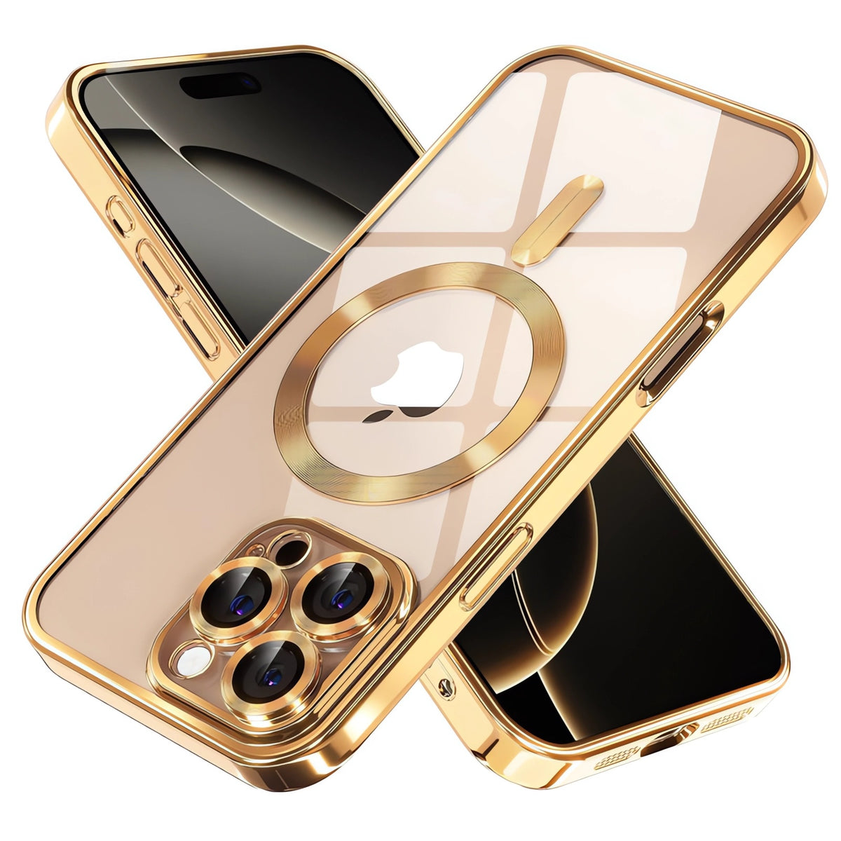 Protective Case Bervolo® MagSafe, Compatible with iPhone 16 Pro Max, Transparent, Anti-Yellowing, Shock-Resistant, Scratch-Resistant, Reinforced Edges, Gold