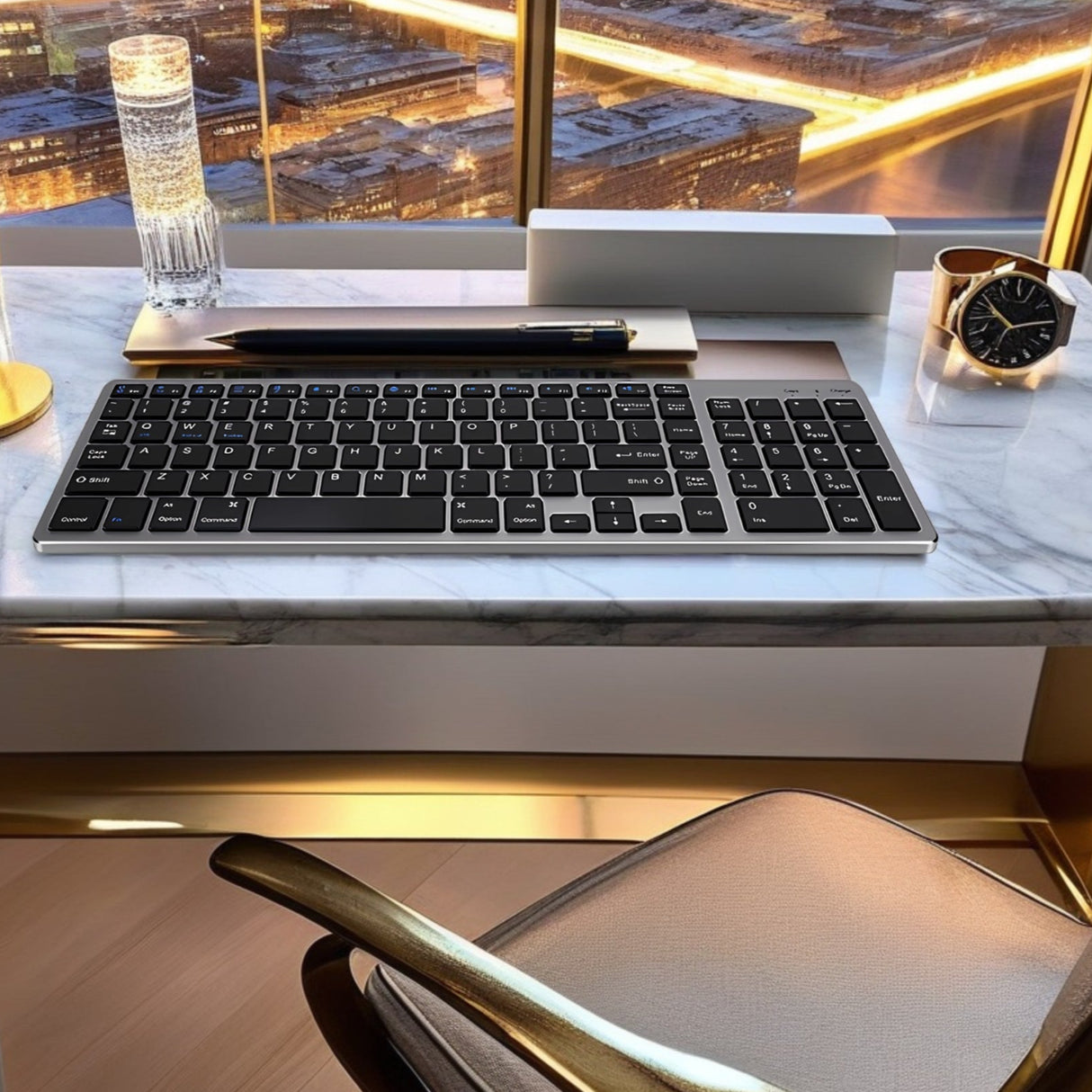 Bervolo® Újratölthető Bluetooth Billentyűzet – Scissor Switch, Multimédiás Billentyűk, Univerzális Kompatibilitás, Windows/Mac/iOS/Android, fekete