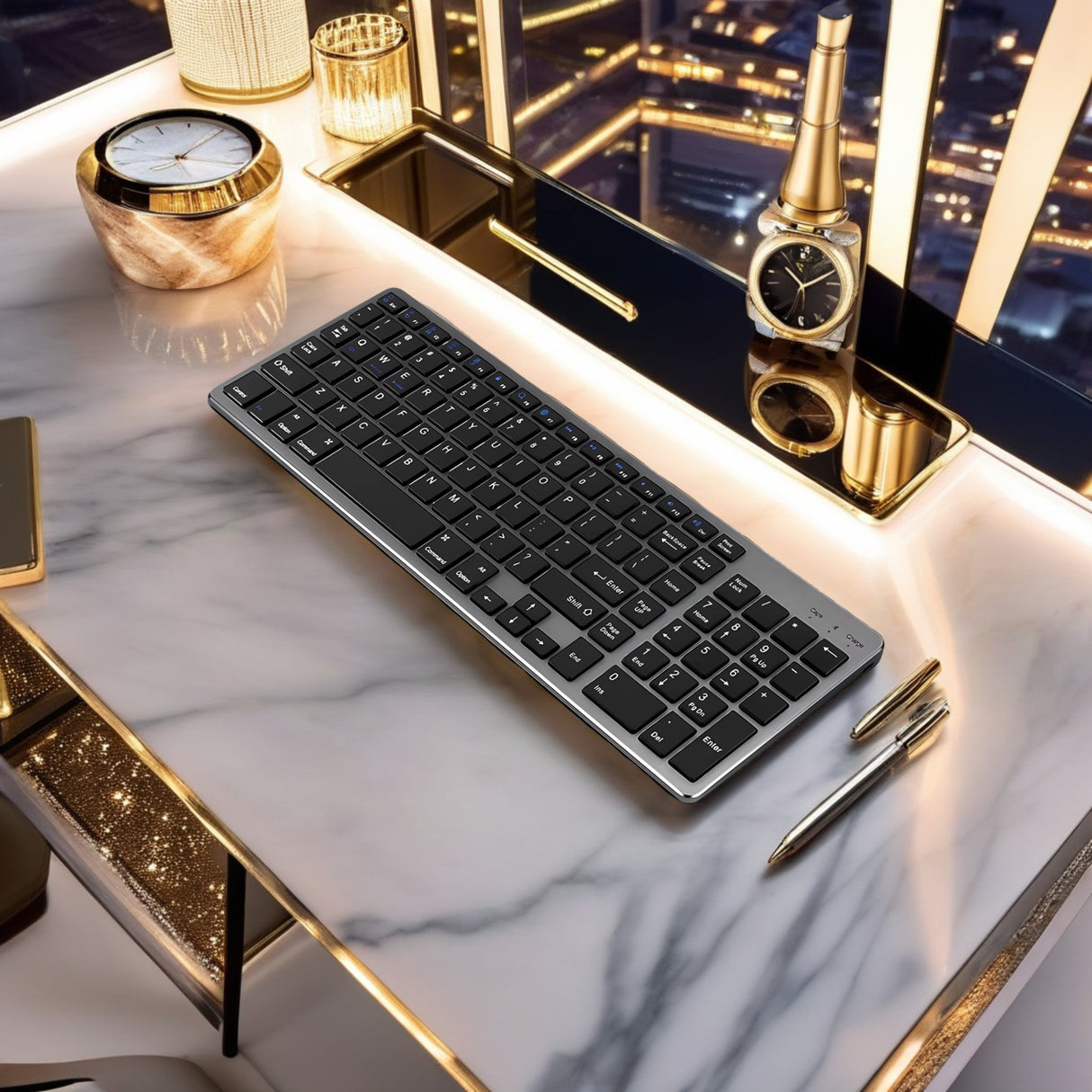 Bervolo® Újratölthető Bluetooth Billentyűzet – Scissor Switch, Multimédiás Billentyűk, Univerzális Kompatibilitás, Windows/Mac/iOS/Android, fekete