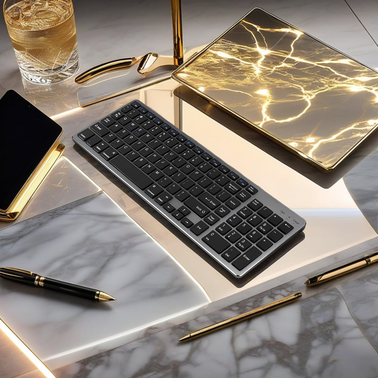 Bervolo® Újratölthető Bluetooth Billentyűzet – Scissor Switch, Multimédiás Billentyűk, Univerzális Kompatibilitás, Windows/Mac/iOS/Android, fekete