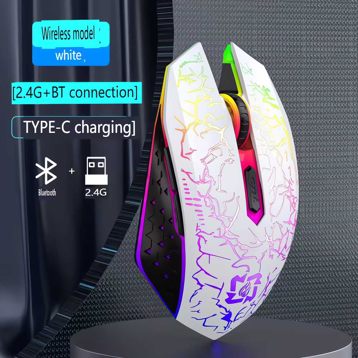 Bervolo® Spider Mouse Wireless de Gaming, Dual Mode Bluetooth 5.2 & 2.4GHz, RGB, 6 Butoane Silențioase, DPI 1600, Reîncărcabil Type-C, Compatibil Windows, macOS, Linux, Ergonomic, Alb
