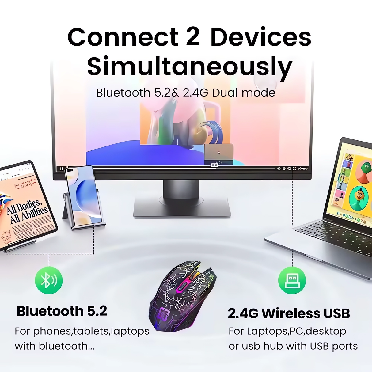 Mouse Gaming Wireless Bervolo® Spider, Dual Mode Bluetooth 5.2 & 2.4GHz, RGB, 6 Butoane Silențioase, DPI 1600, Reîncărcabil Type-C, Compatibil Windows, MacOS, Linux, Ergonomic, Negru