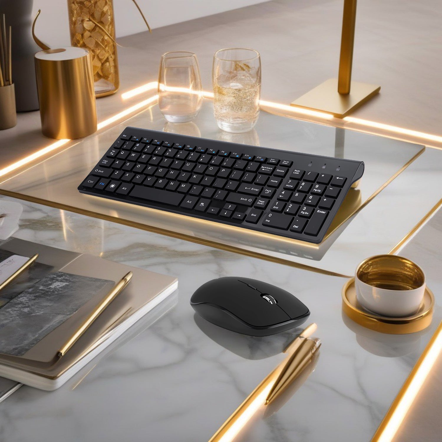  Set Universal Combo Tastatură și Mouse Premium Bervolo®, Wireless 2.4G, Click Scissor Switch, Versiune US, Negru