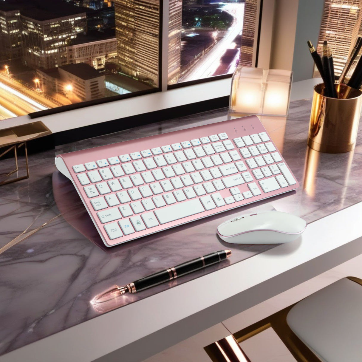 Set Universal Combo Tastatură și Mouse Premium Bervolo®, Wireless 2.4G, Click Scissor Switch, Versiune US, Rose Gold