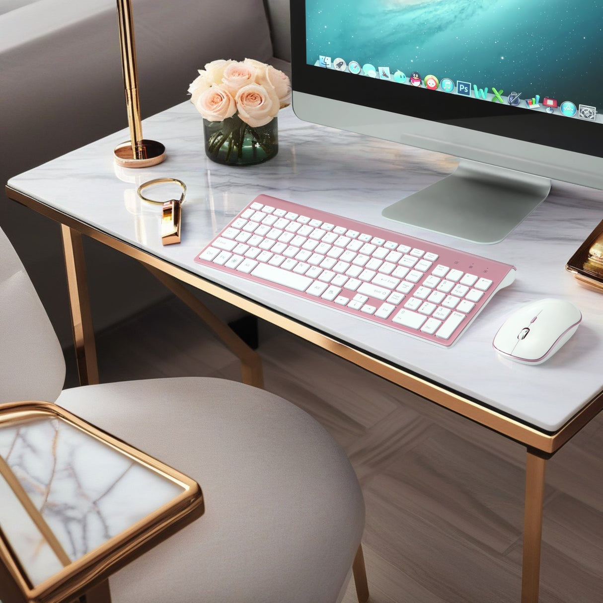 Set Universal Combo Tastatură și Mouse Premium Bervolo®, Wireless 2.4G, Click Scissor Switch, Versiune US, Rose Gold